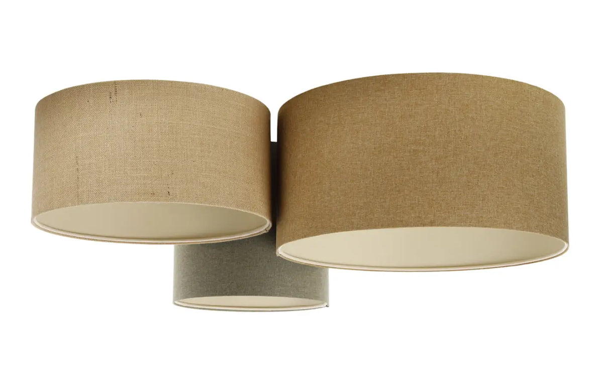 Plafonnier 3 abat-jour en tissu moutarde, beige, vert gris et écru