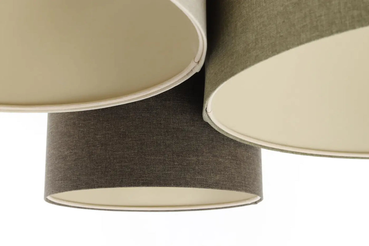 Plafonnier 3 abat-jour en tissu crème, vert, graphite et écru