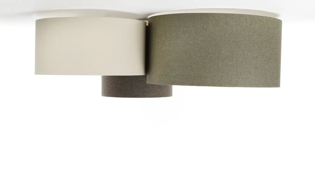 Plafonnier 3 abat-jour en tissu crème, vert, graphite et écru