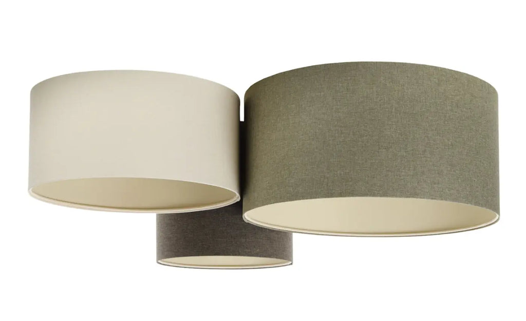 Plafonnier 3 abat-jour en tissu crème, vert, graphite et écru