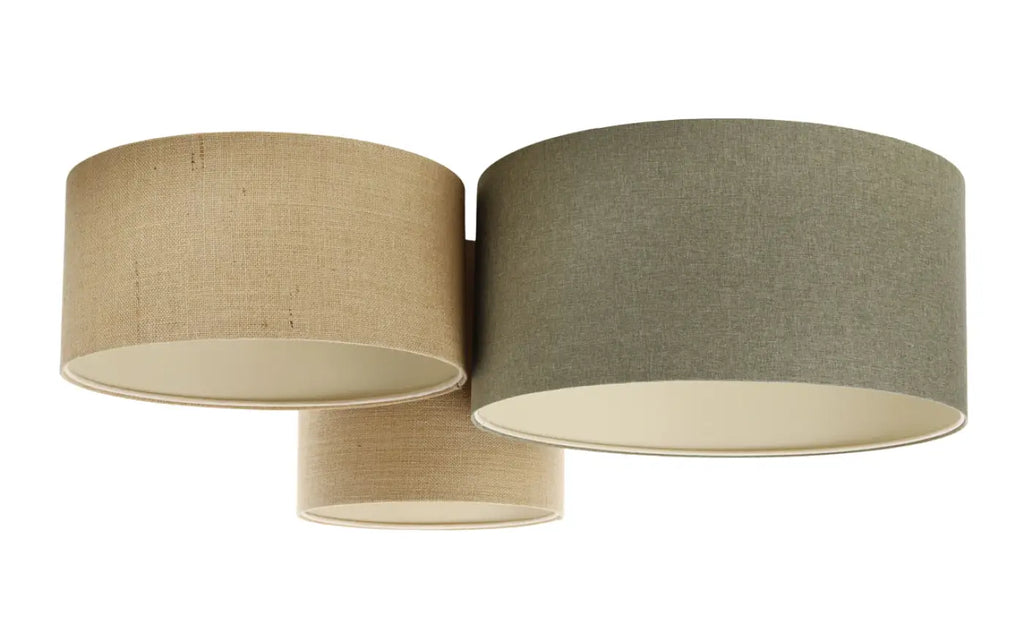 Plafonnier 3 abat-jour en tissu beige, vert et écru