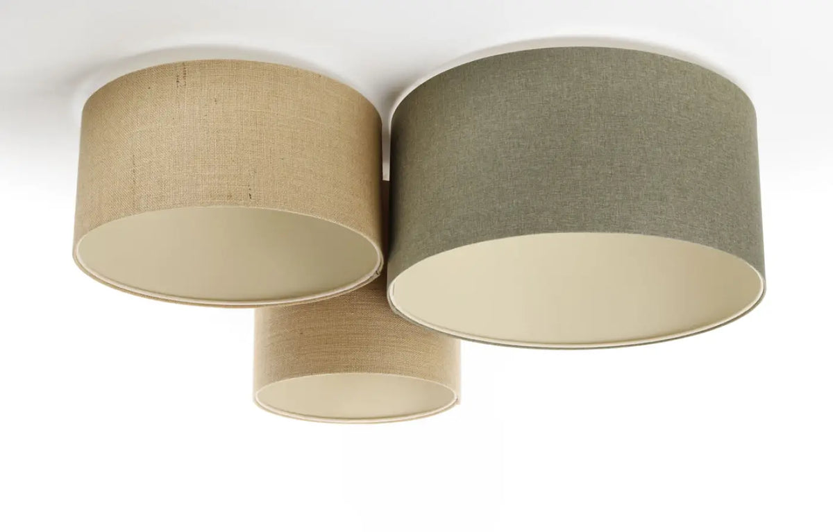 Plafonnier 3 abat-jour en tissu beige, vert et écru