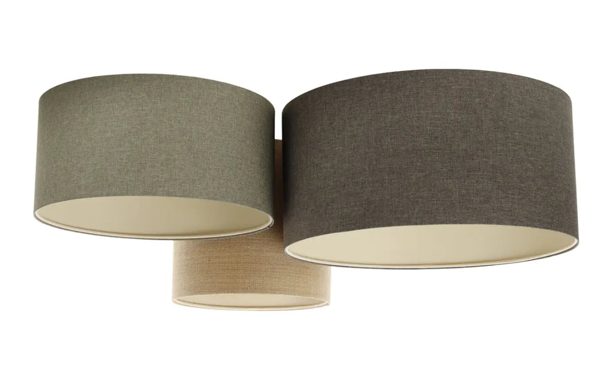 Plafonnier 3 abat-jour en tissu granit, écru, vert gris et beige