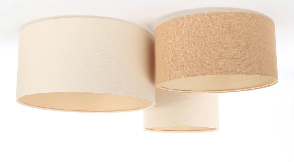 Plafonnier 3 abat-jour en tissu blanc crème, beige et écru