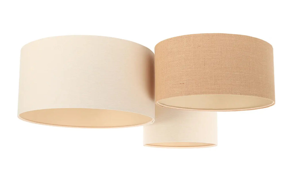 Plafonnier 3 abat-jour en tissu blanc crème, beige et écru