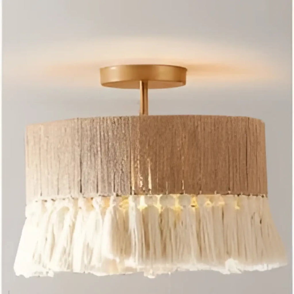 Plafonnier bohème en tissu naturel à franges, tailles S à XL