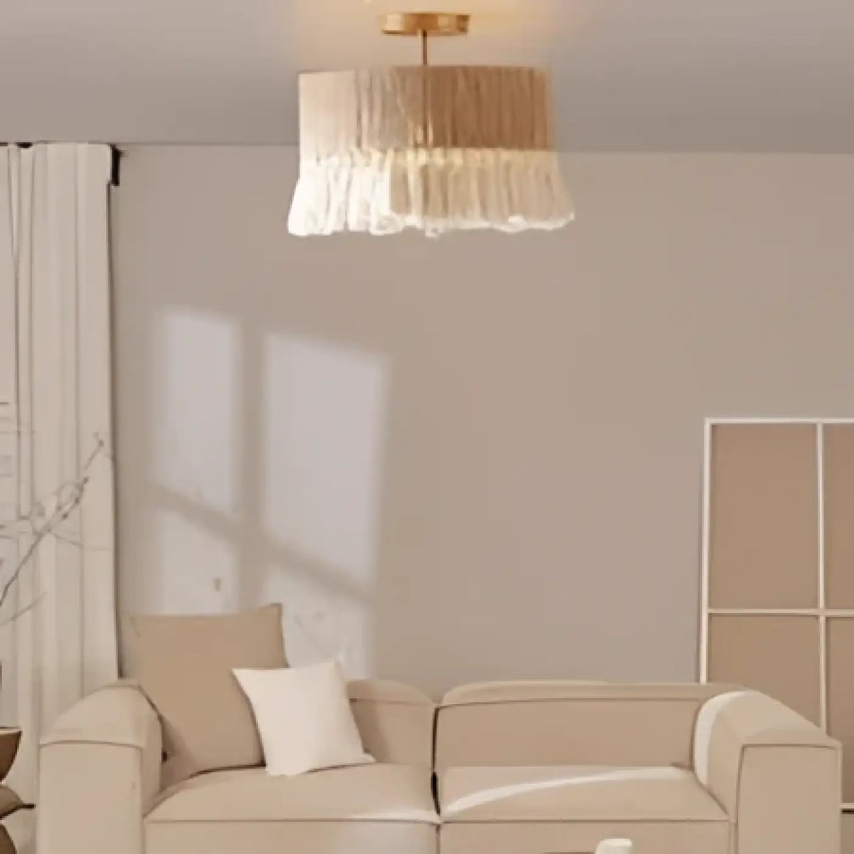 Plafonnier bohème en tissu naturel à franges, tailles S à XL