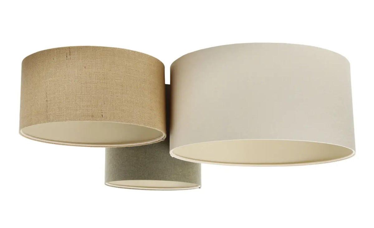 Plafonnier 3 cylindres en tissu beige, vert gris et crème, 92 cm