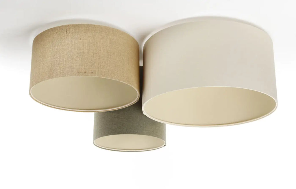 Plafonnier 3 cylindres en tissu beige, vert gris et crème, 92 cm