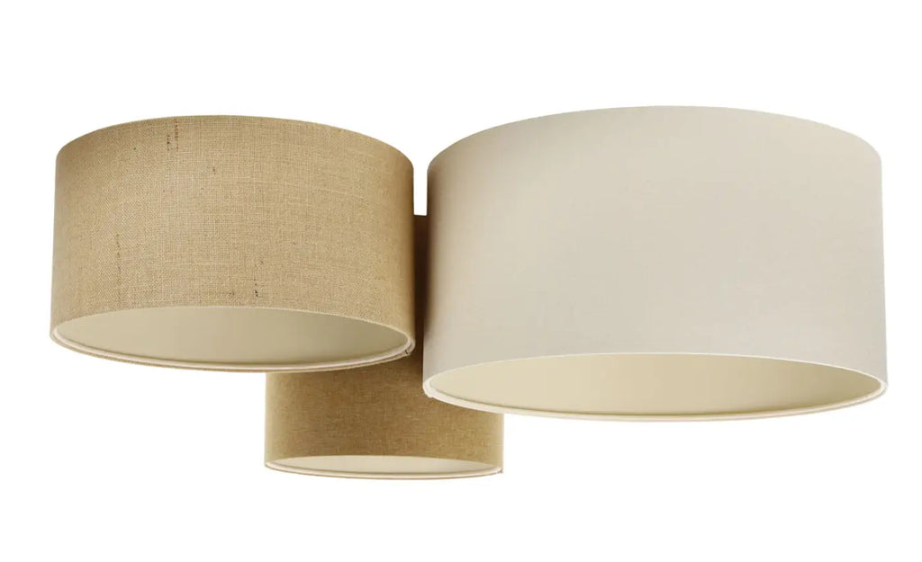 Plafonnier 3 abat-jour en tissu moutarde, beige, crème et écru