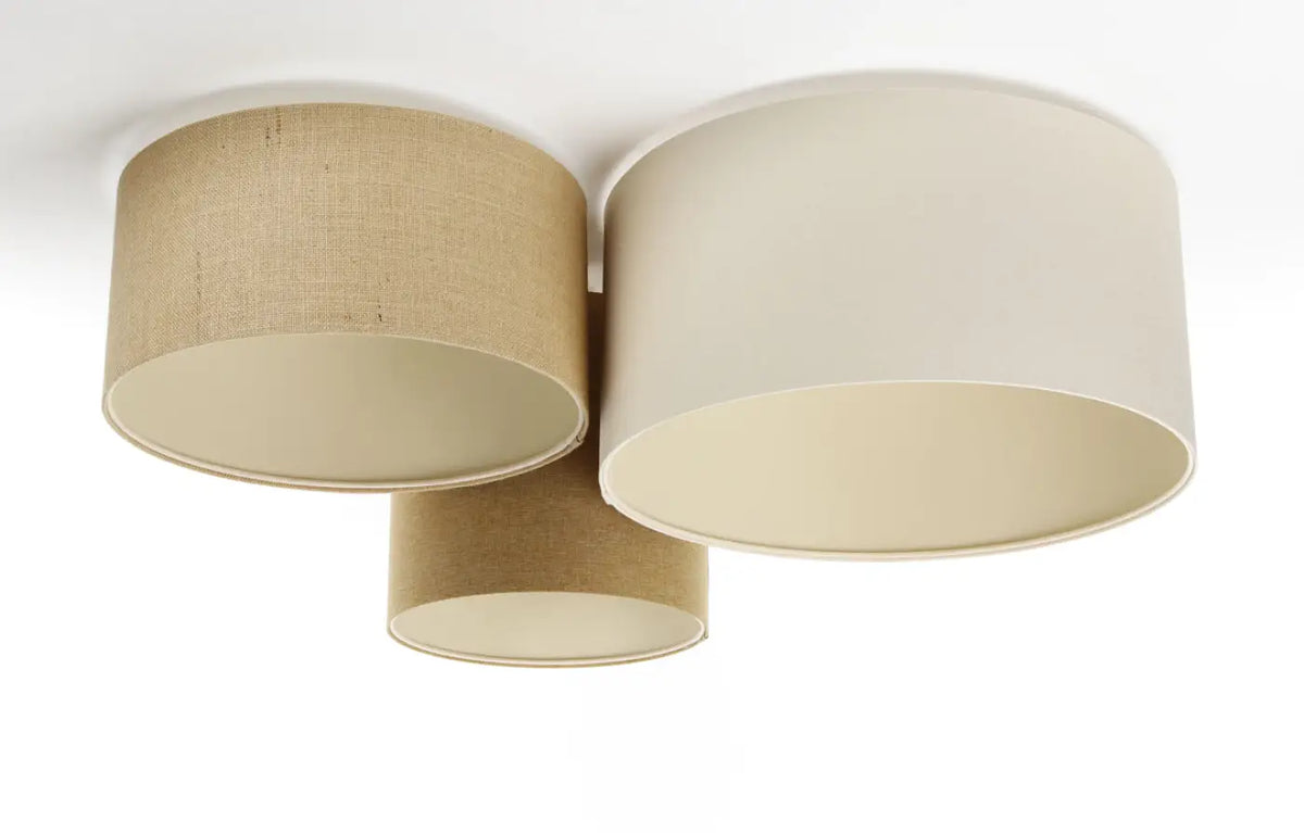 Plafonnier 3 abat-jour en tissu moutarde, beige, crème et écru