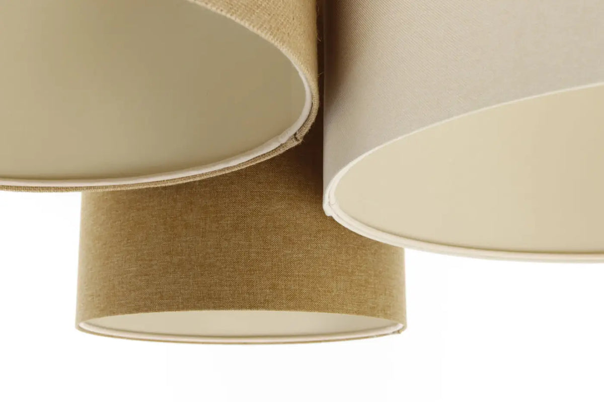 Plafonnier 3 abat-jour en tissu moutarde, beige, crème et écru