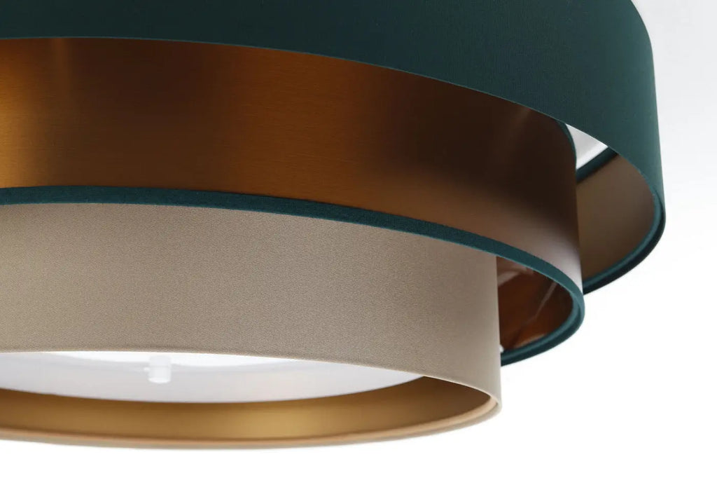 Plafonnier rond en tissu vert et beige, reflets cuivre, 60 cm