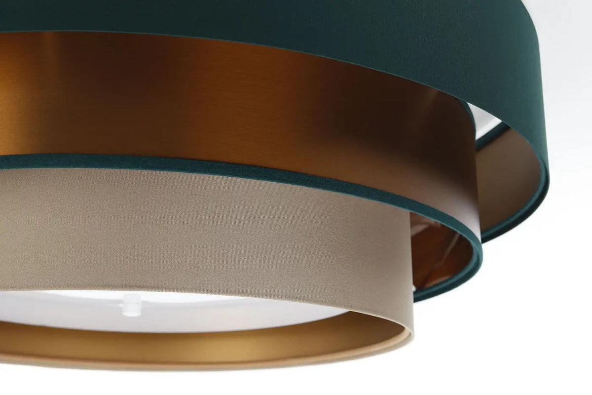 Plafonnier rond en tissu vert et beige, reflets cuivre, 60 cm