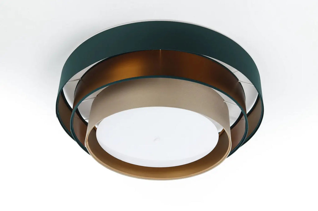 Plafonnier rond en tissu vert et beige, reflets cuivre, 60 cm