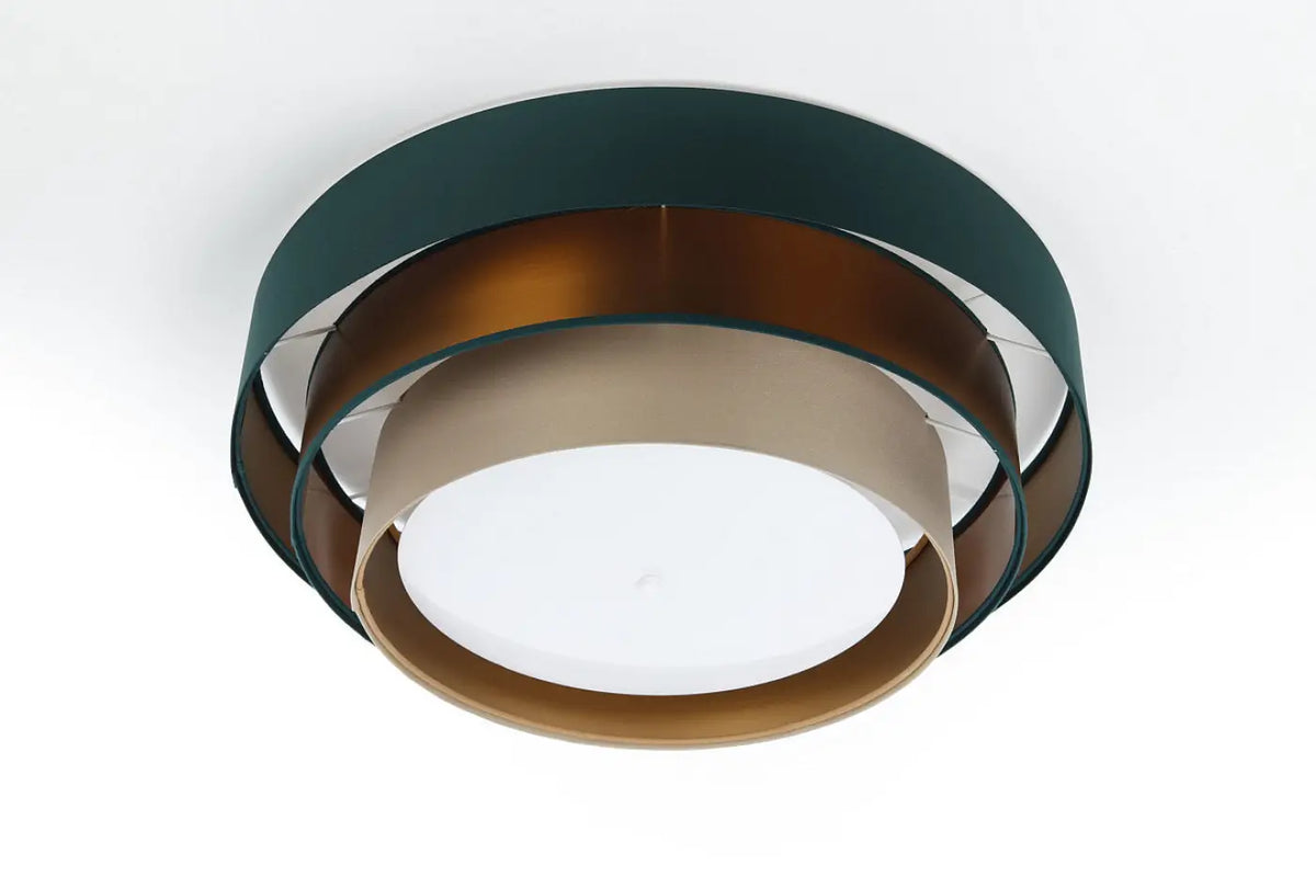 Plafonnier rond en tissu vert et beige, reflets cuivre, 60 cm