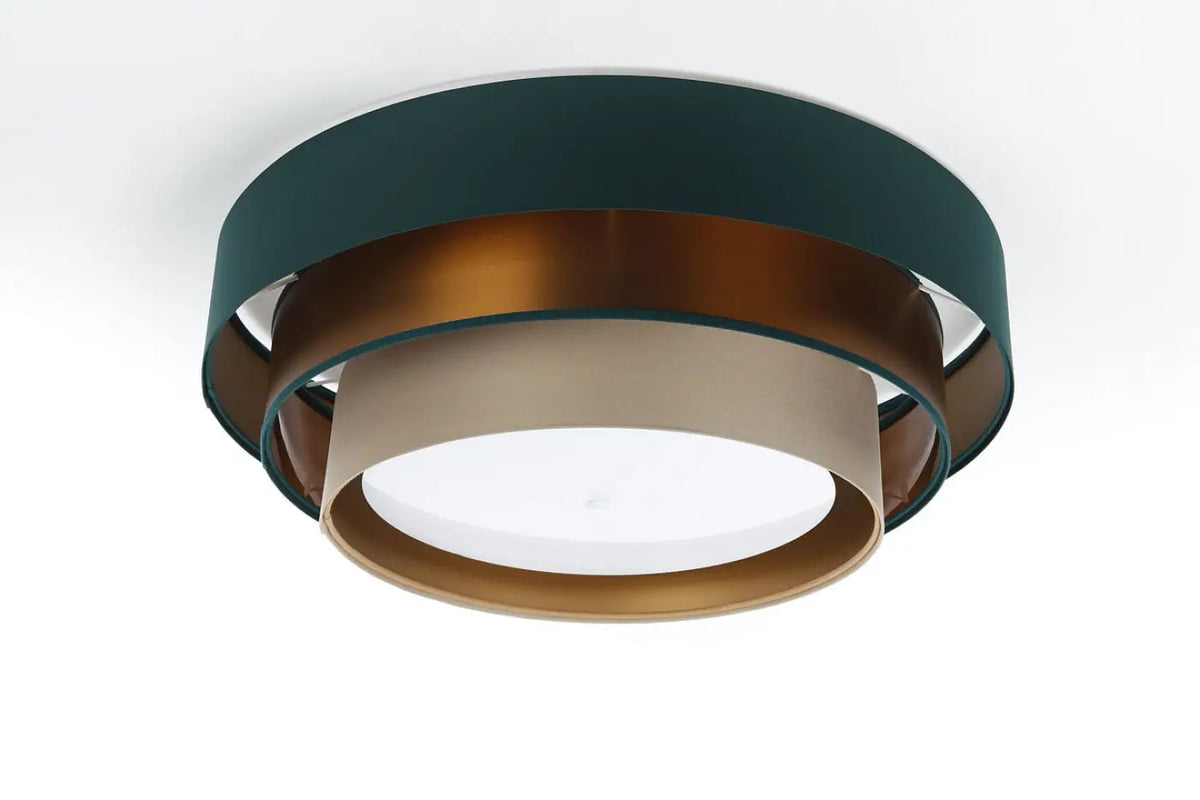 Plafonnier rond en tissu vert et beige, reflets cuivre, 60 cm