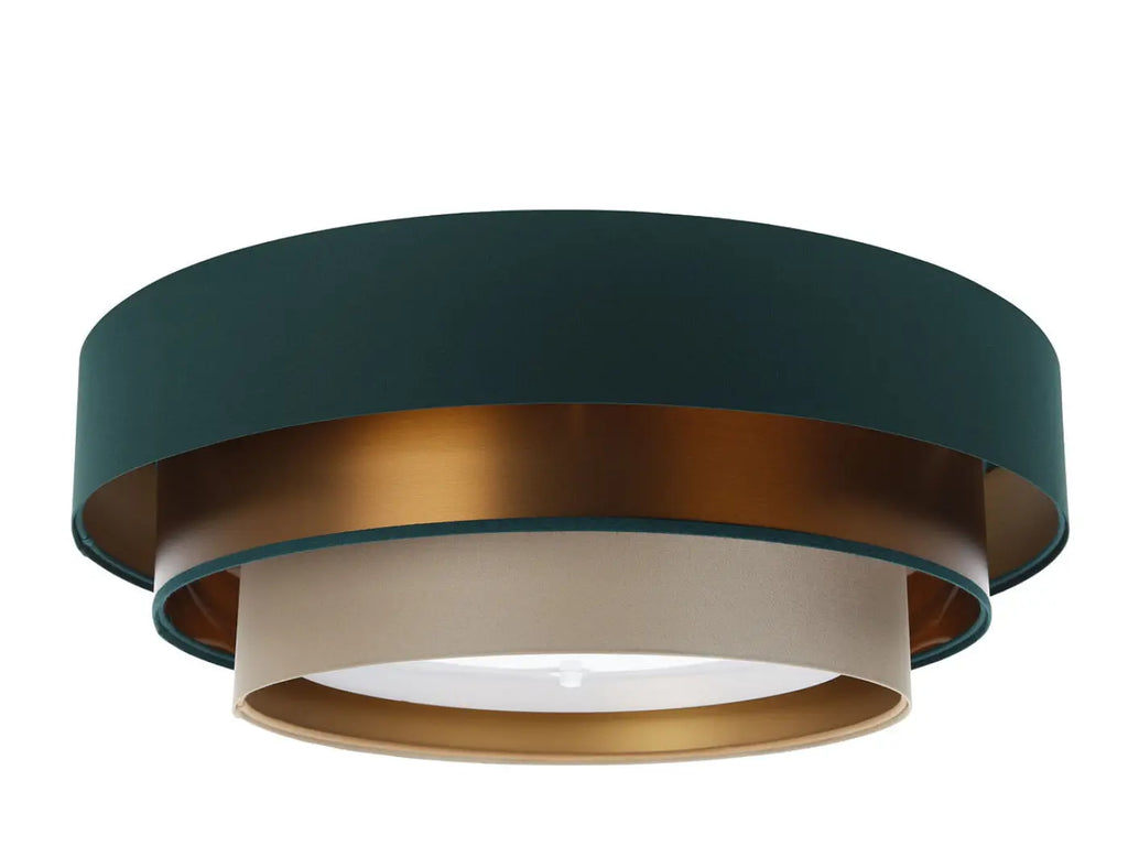 Plafonnier rond en tissu vert et beige, reflets cuivre, 60 cm