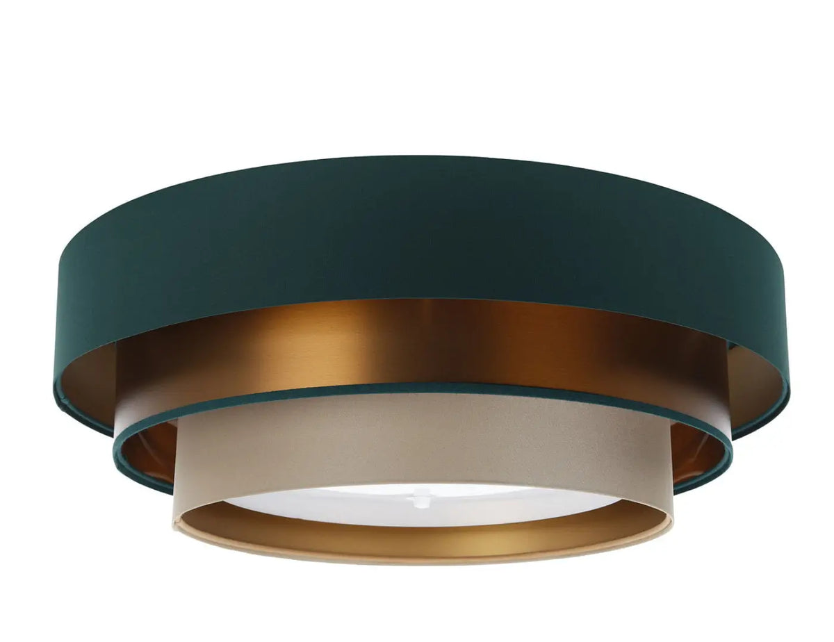 Plafonnier rond en tissu vert et beige, reflets cuivre, 60 cm