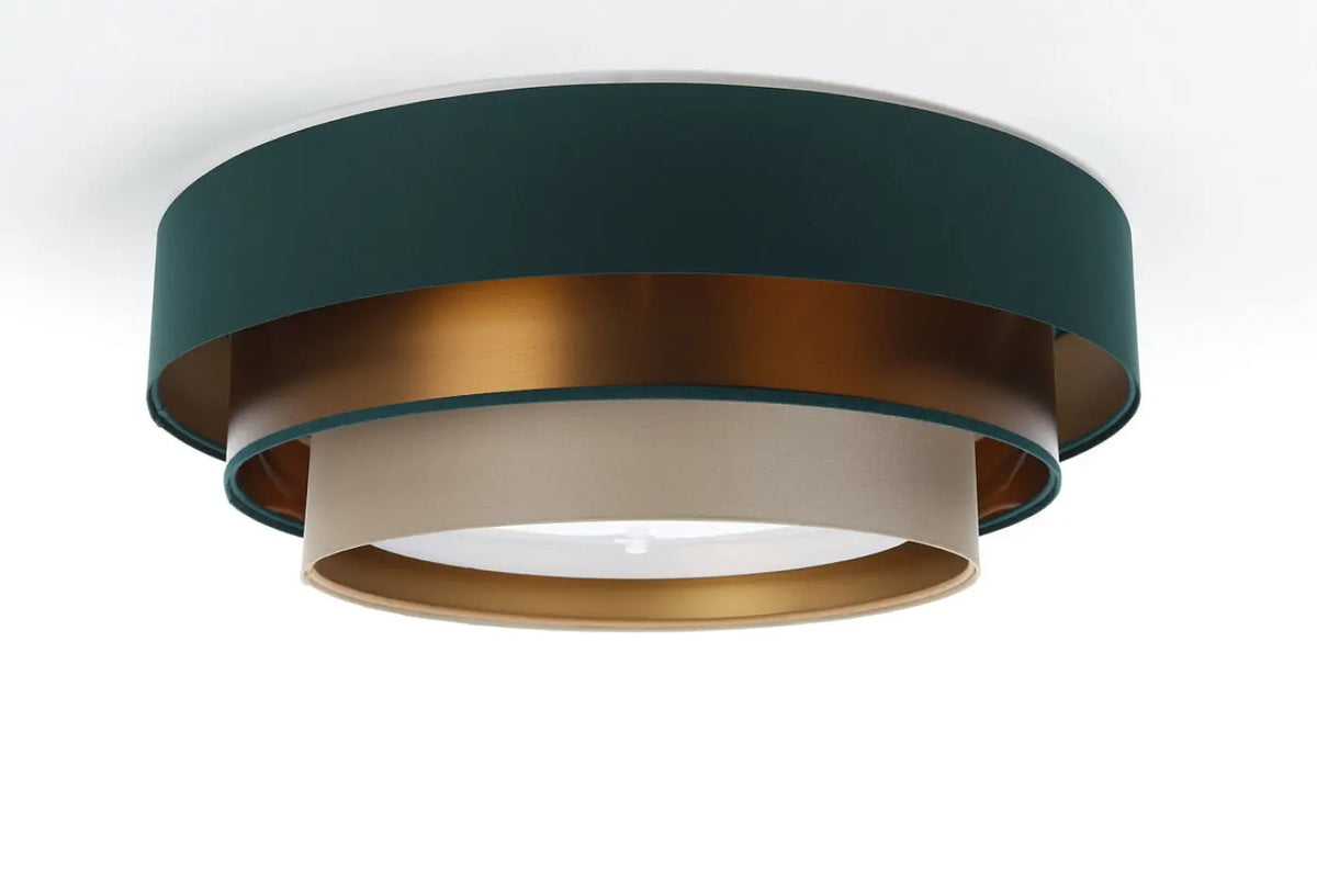 Plafonnier rond en tissu vert et beige, reflets cuivre, 60 cm