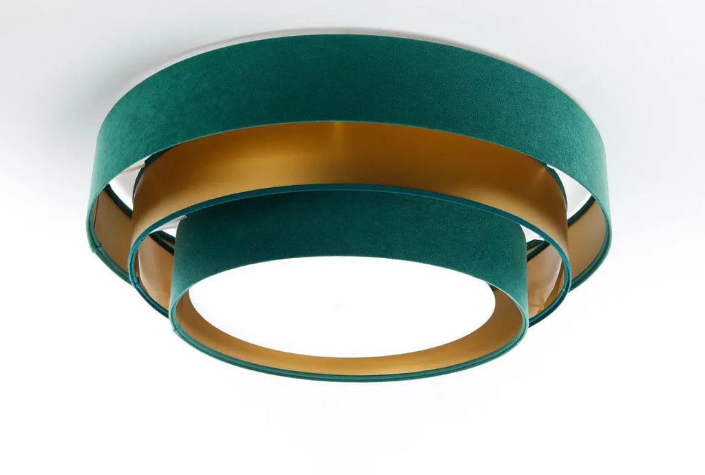 Plafonnier rond en tissu vert profond et doré, 60 cm
