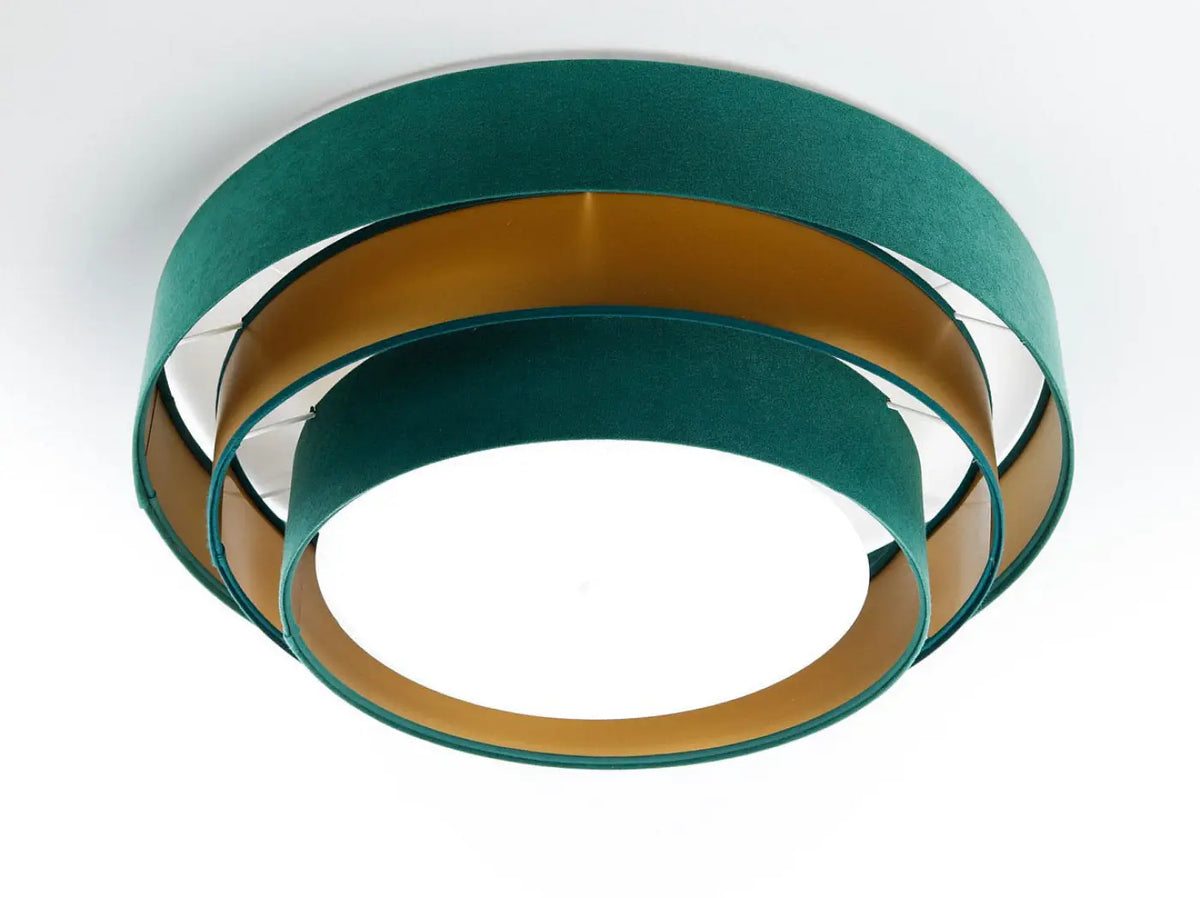 Plafonnier rond en tissu vert profond et doré, 60 cm