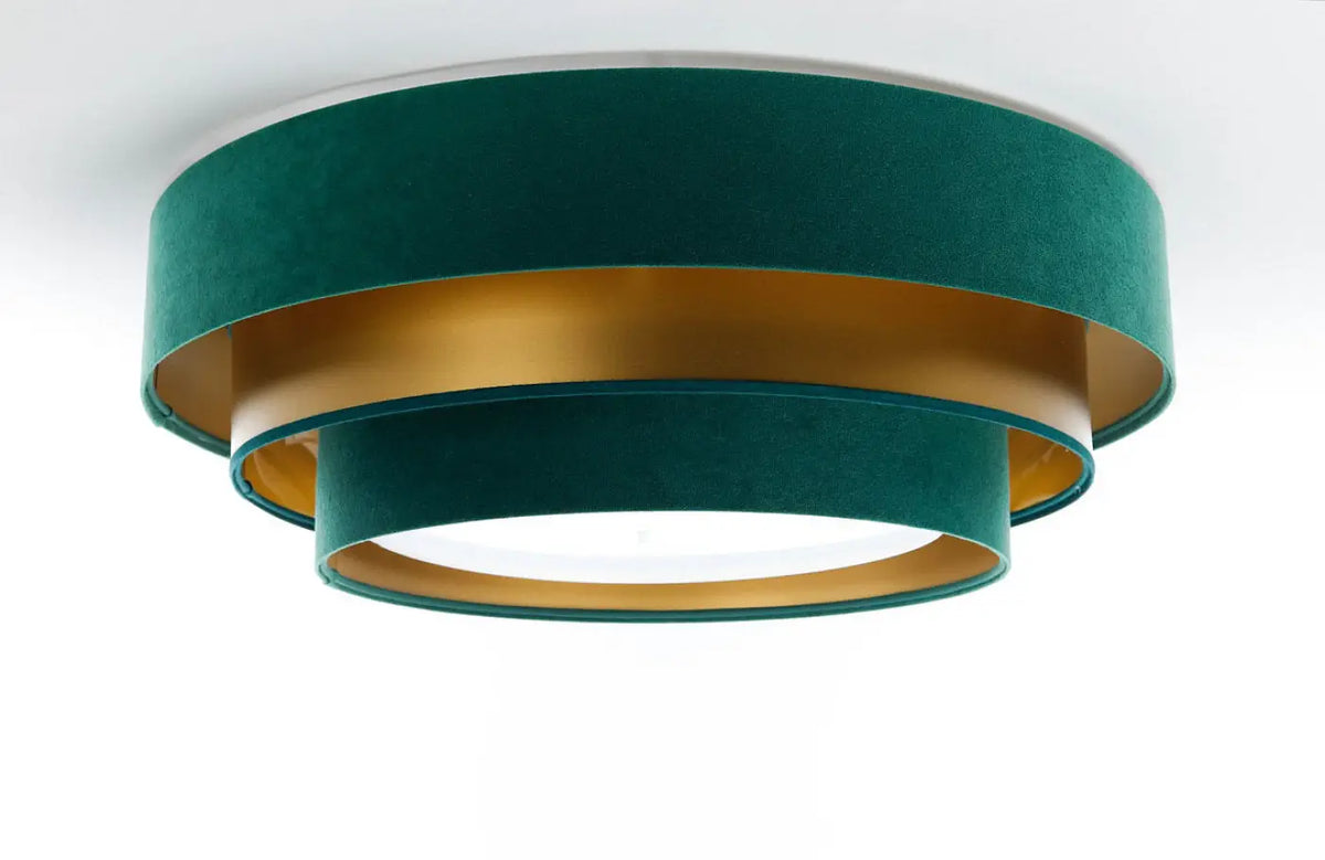 Plafonnier rond en tissu vert profond et doré, 60 cm