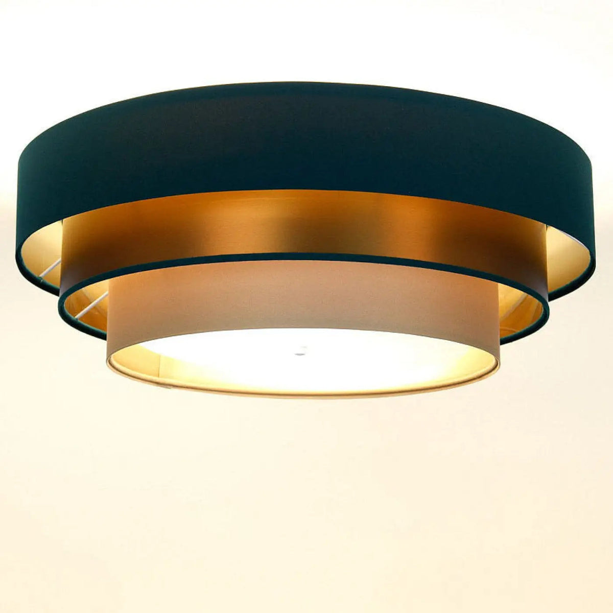 Plafonnier rond en tissu vert et beige, reflets cuivre, 60 cm