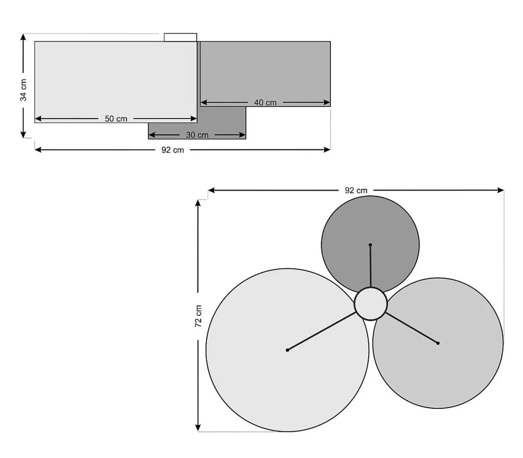 Plafonnier 3 abat-jour en tissu moutarde, gris vert, graphite et écru