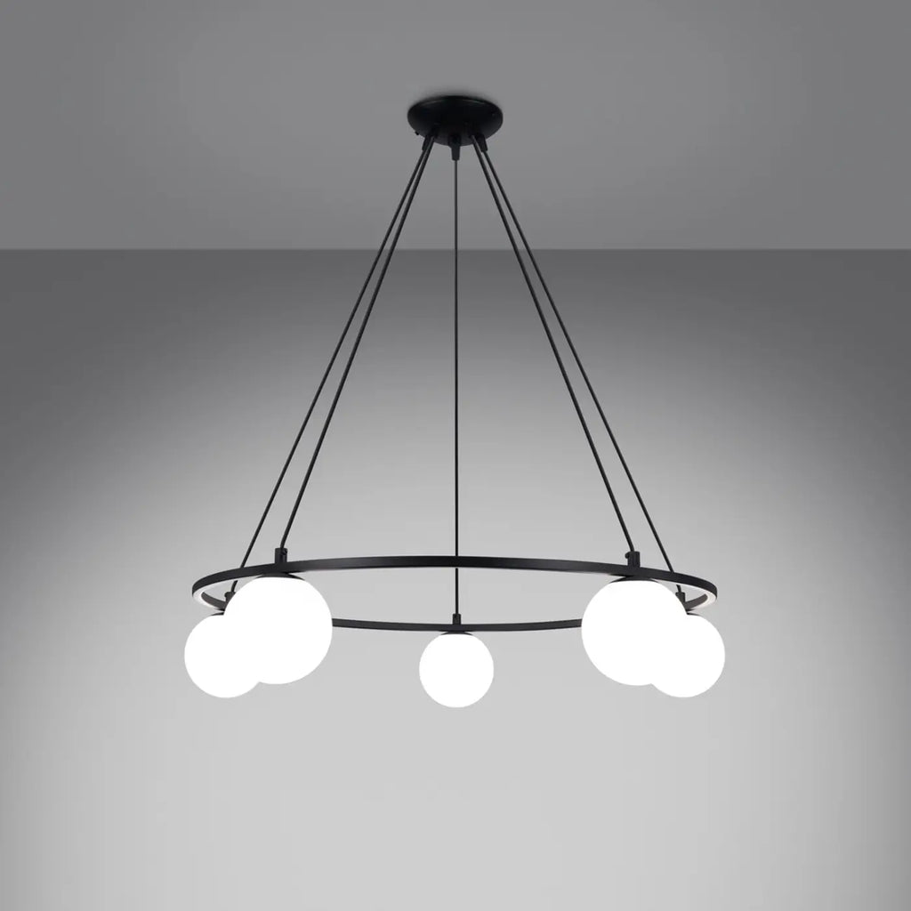 Suspension cercle en acier noir à globes en verre opale, 3 ou 5