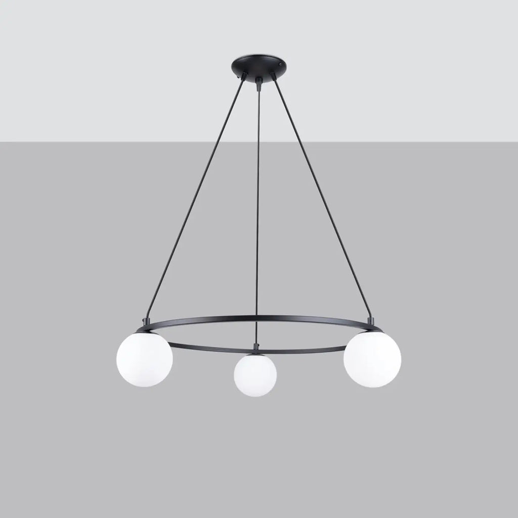 Suspension cercle en acier noir à globes en verre opale, 3 ou 5