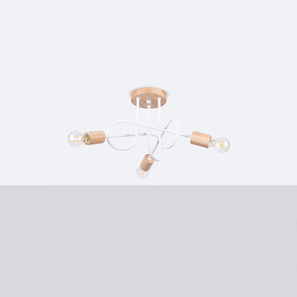 Plafonnier à bras en boucles d'acier et douilles en bois, E27, blanc/bois naturel