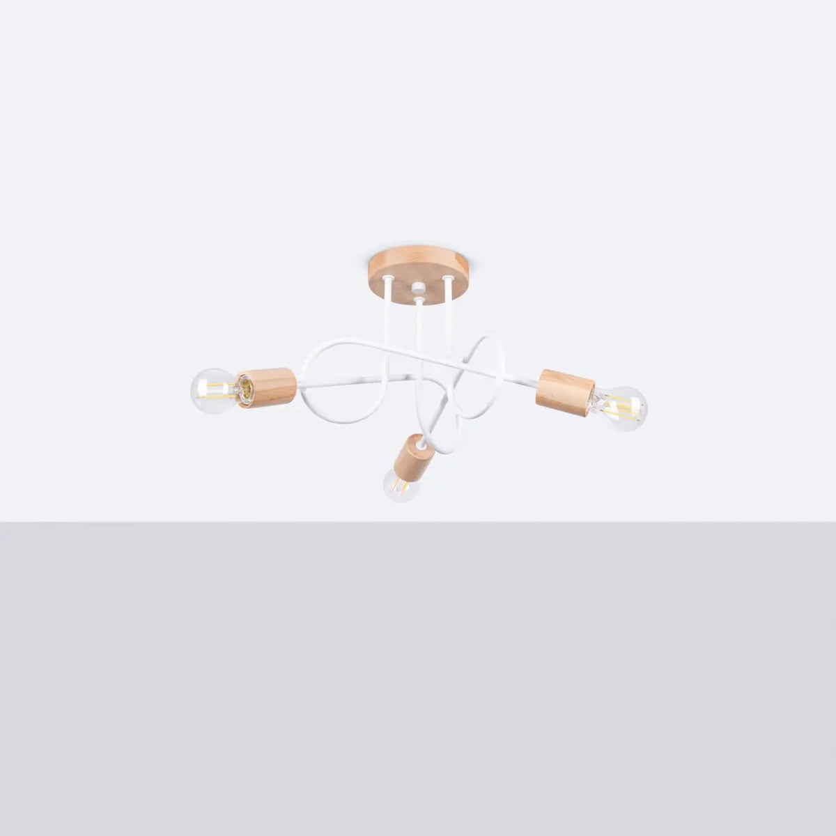 Plafonnier à bras en boucles d'acier et douilles en bois, E27, blanc/bois naturel