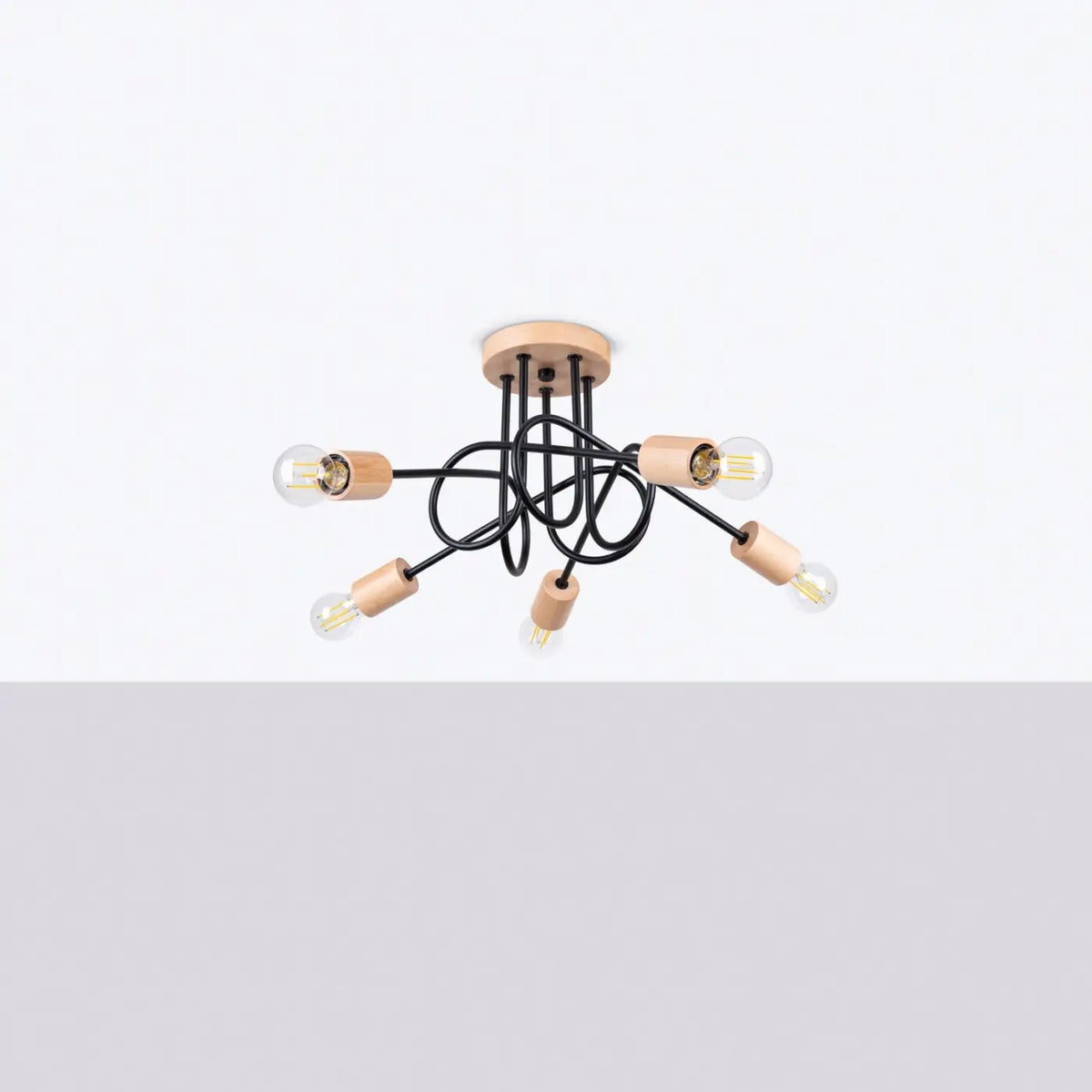 Plafonnier à bras en boucles d'acier et douilles en bois, E27, noir/bois naturel