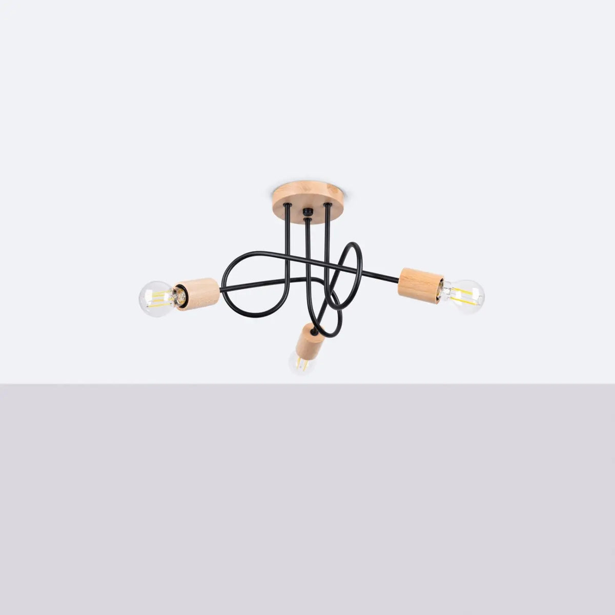 Plafonnier à bras en boucles d'acier et douilles en bois, E27, noir/bois naturel