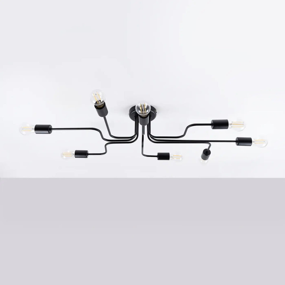 Plafonnier plat à bras en acier et ampoules apparentes, 4 à 8 E27, noir