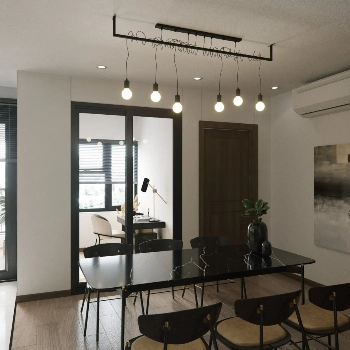 Suspension cadre noir à câbles en tissu enroulés, 2 ampoules E27