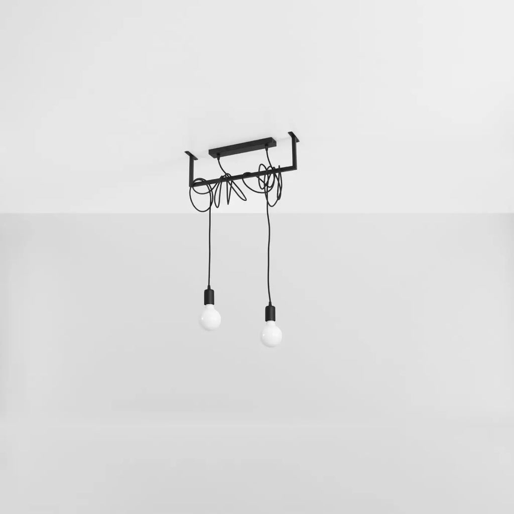 Suspension cadre noir à câbles en tissu enroulés, 2 ampoules E27