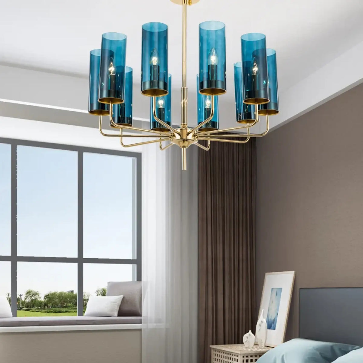 Suspension cylindres de verre et laiton doré, bleu ou ambre