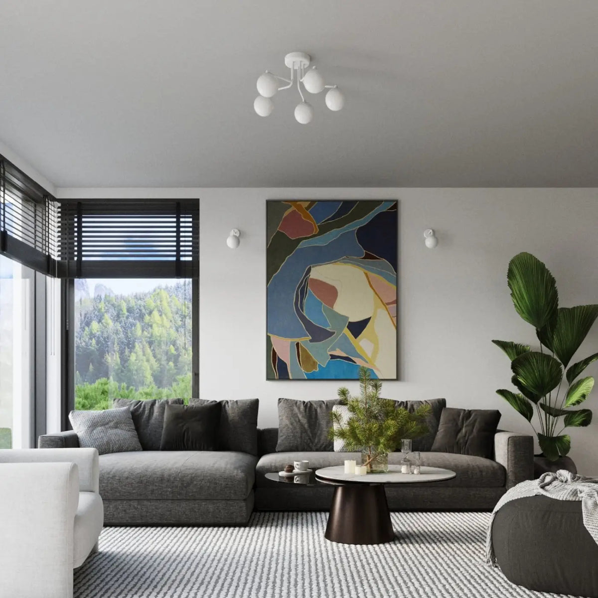 Plafonnier à globes en verre opale sur bras courbes, 3 ou 5