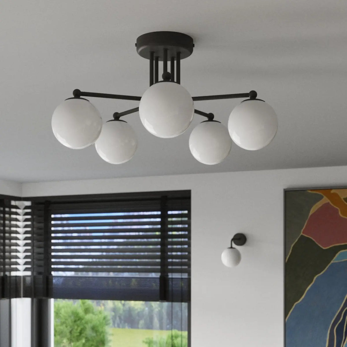 Plafonnier à globes en verre opale sur bras courbes, 3 ou 5