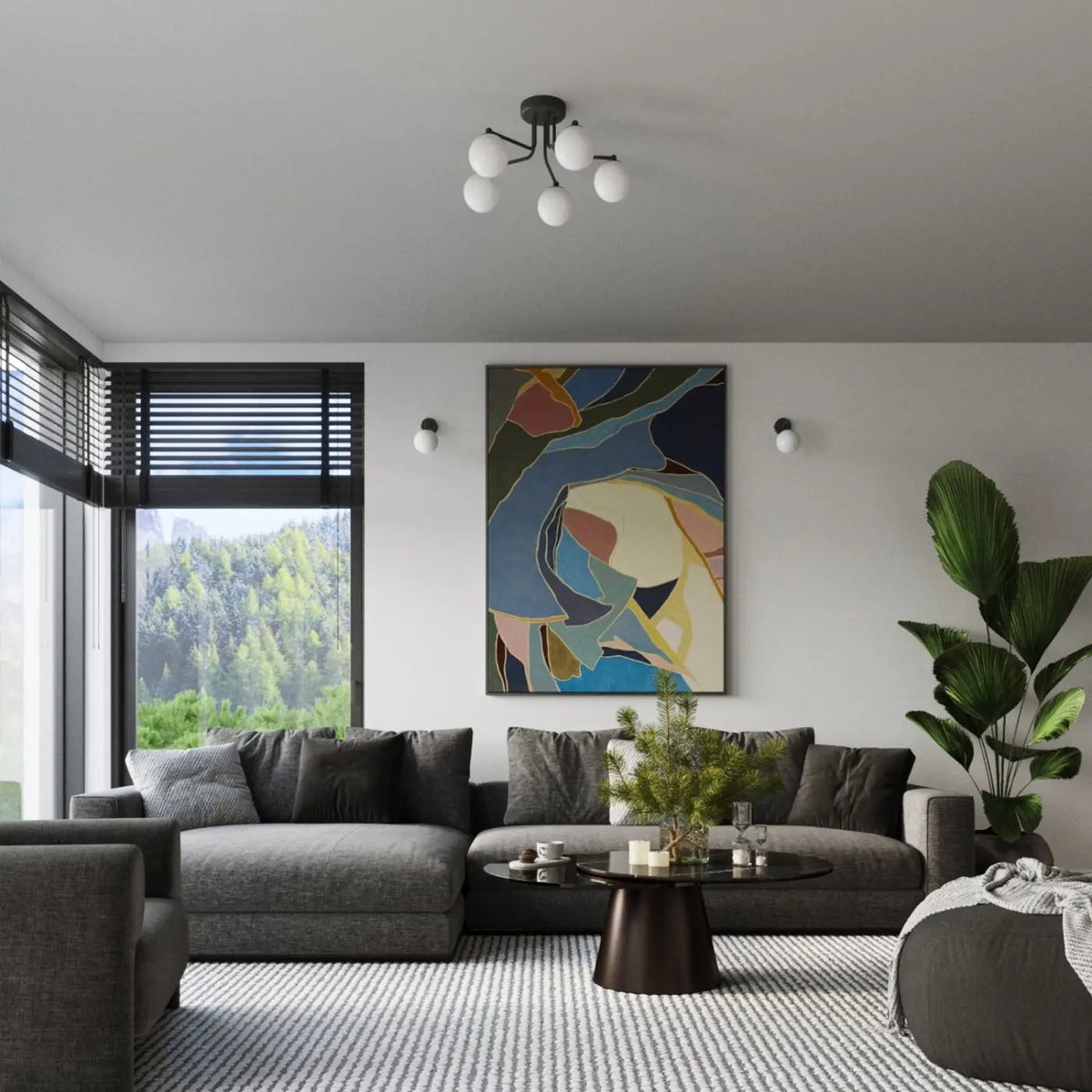 Plafonnier à globes en verre opale sur bras courbes, 3 ou 5