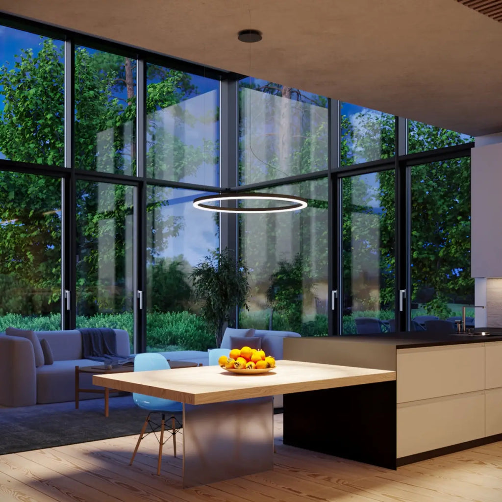Suspension cercle LED en aluminium noir, 80 cm, blanc chaud