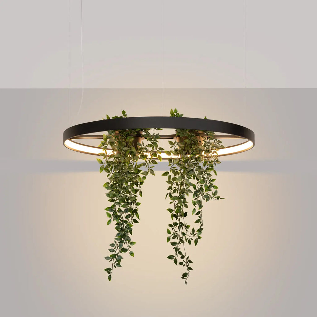 Suspension anneau LED noire avec plantes au centre, 78 ou 110 cm