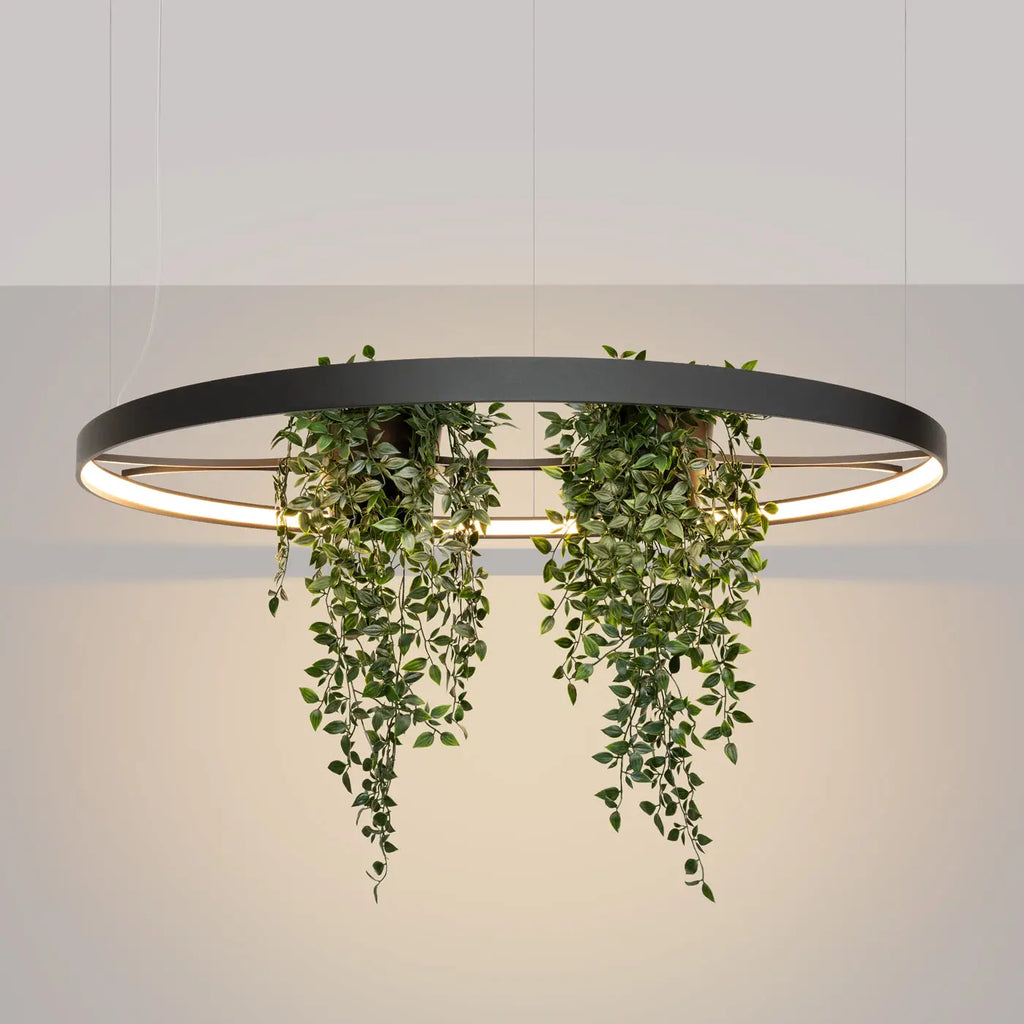 Suspension anneau LED noire avec plantes au centre, 78 ou 110 cm