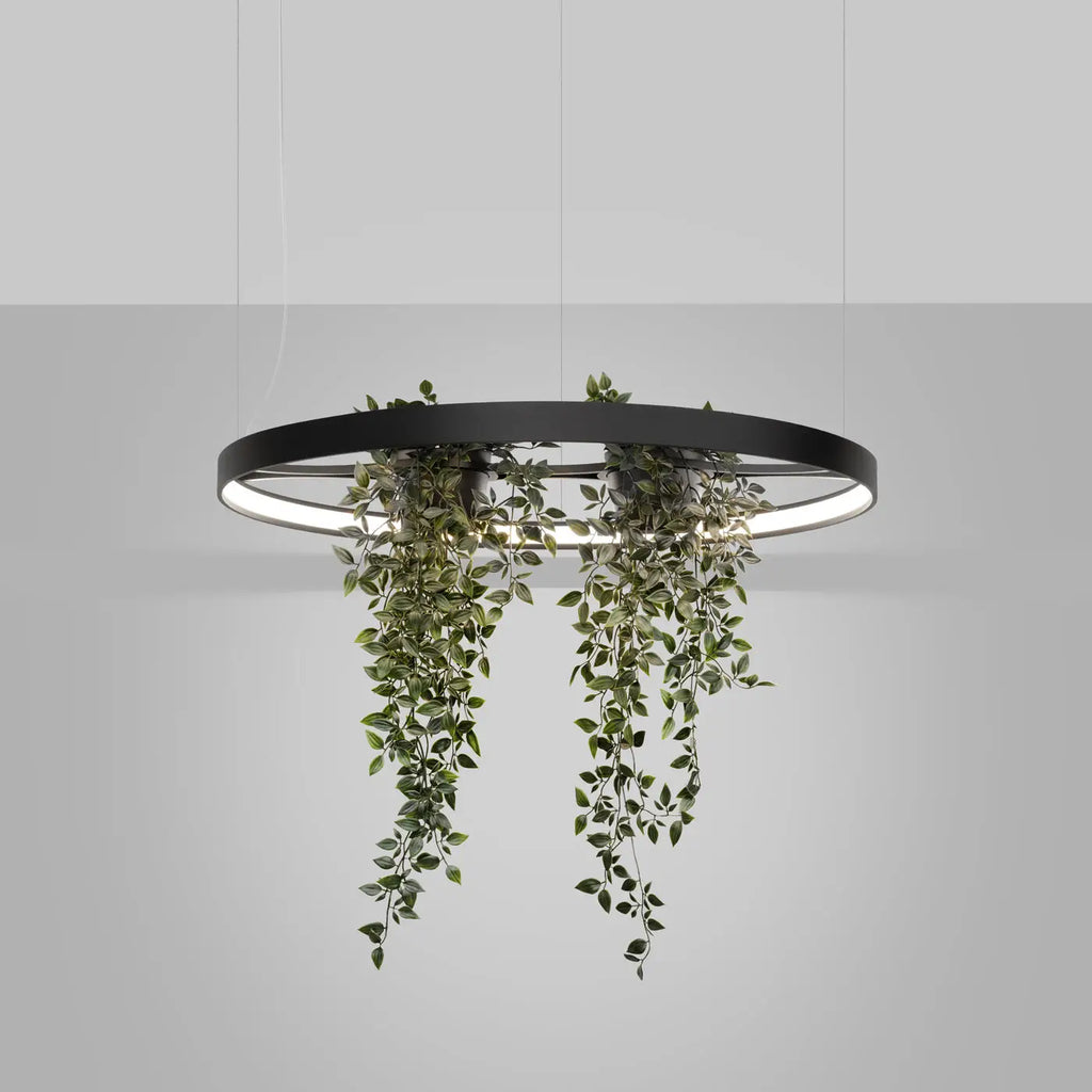 Suspension anneau LED noire avec plantes au centre, 78 ou 110 cm