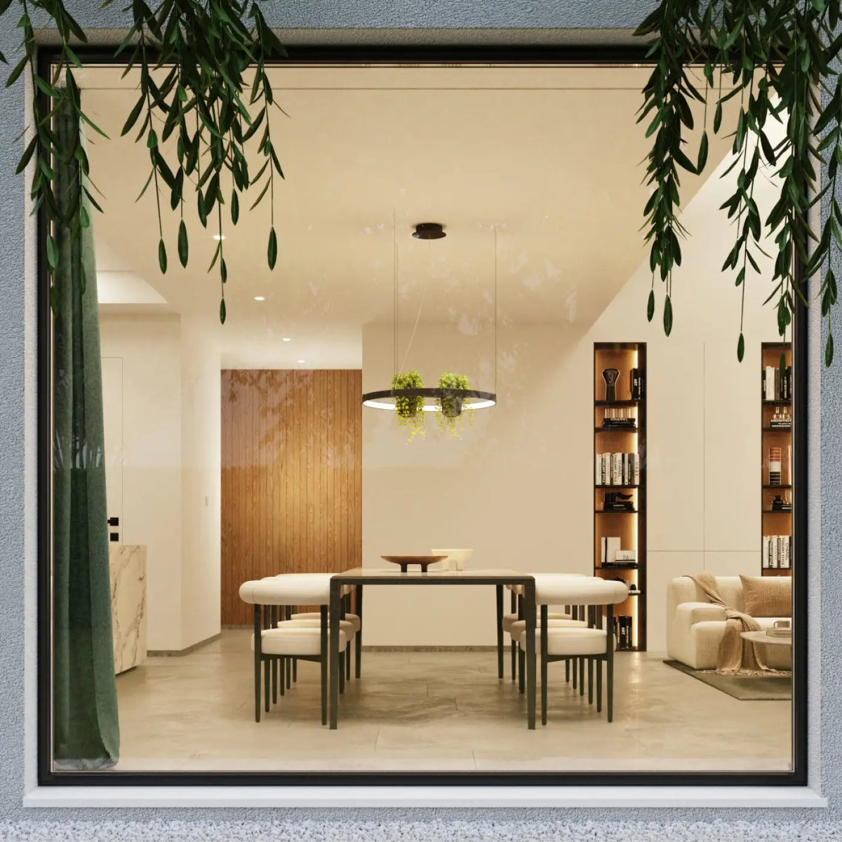 Suspension anneau LED noire avec plantes au centre, 78 ou 110 cm