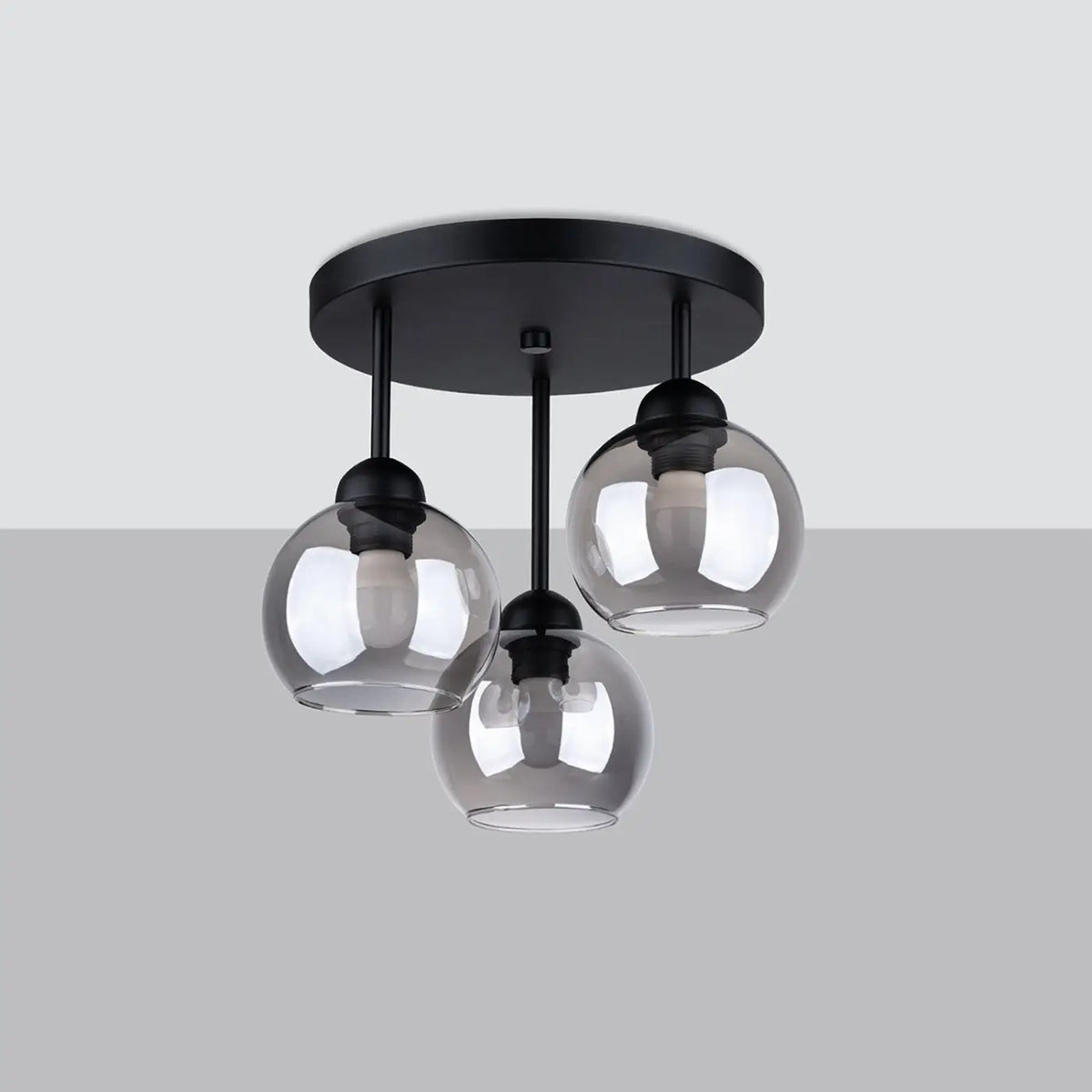 Plafonnier noir à 3 globes en verre fumé, 35 cm