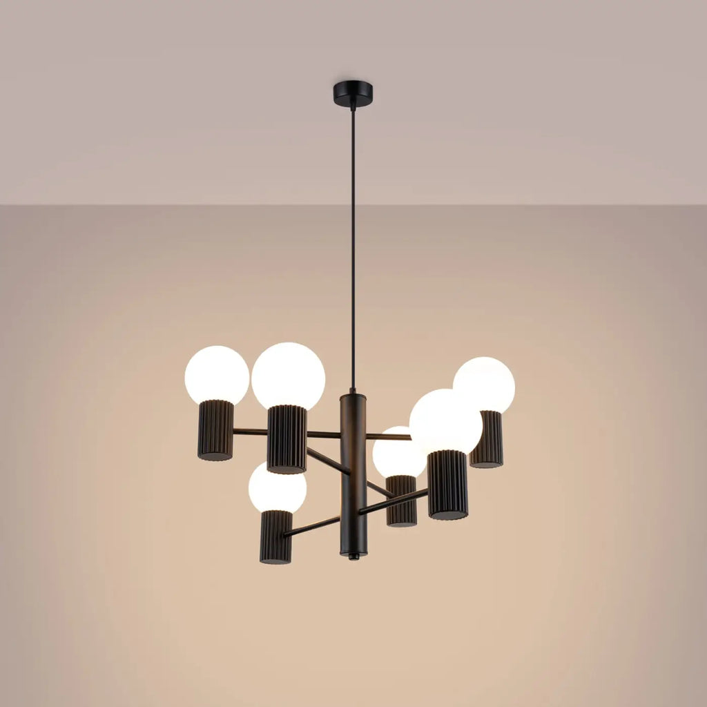 Suspension 6 globes en verre opalin, cols cannelés, 10 coloris