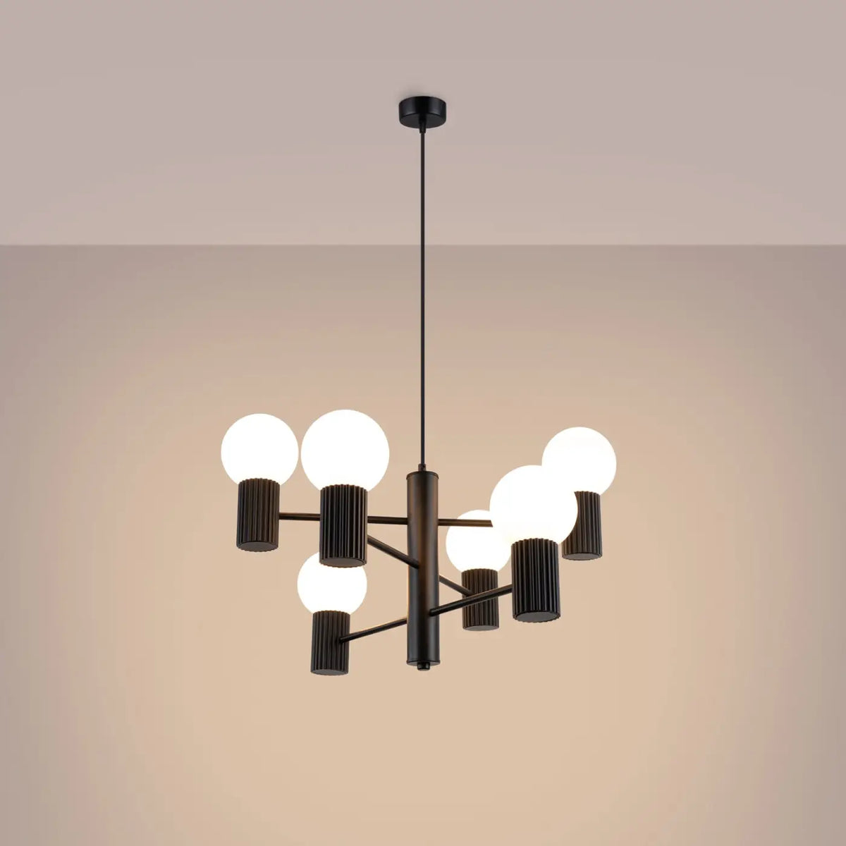 Suspension 6 globes en verre opalin, cols cannelés, 10 coloris